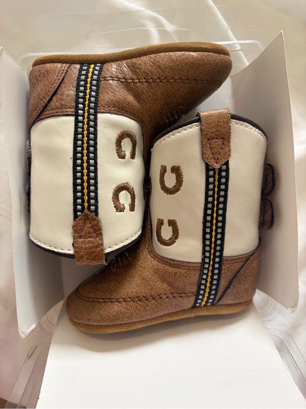 Toddler Brown & Cream Cowboy Booties with Decorative Stitching